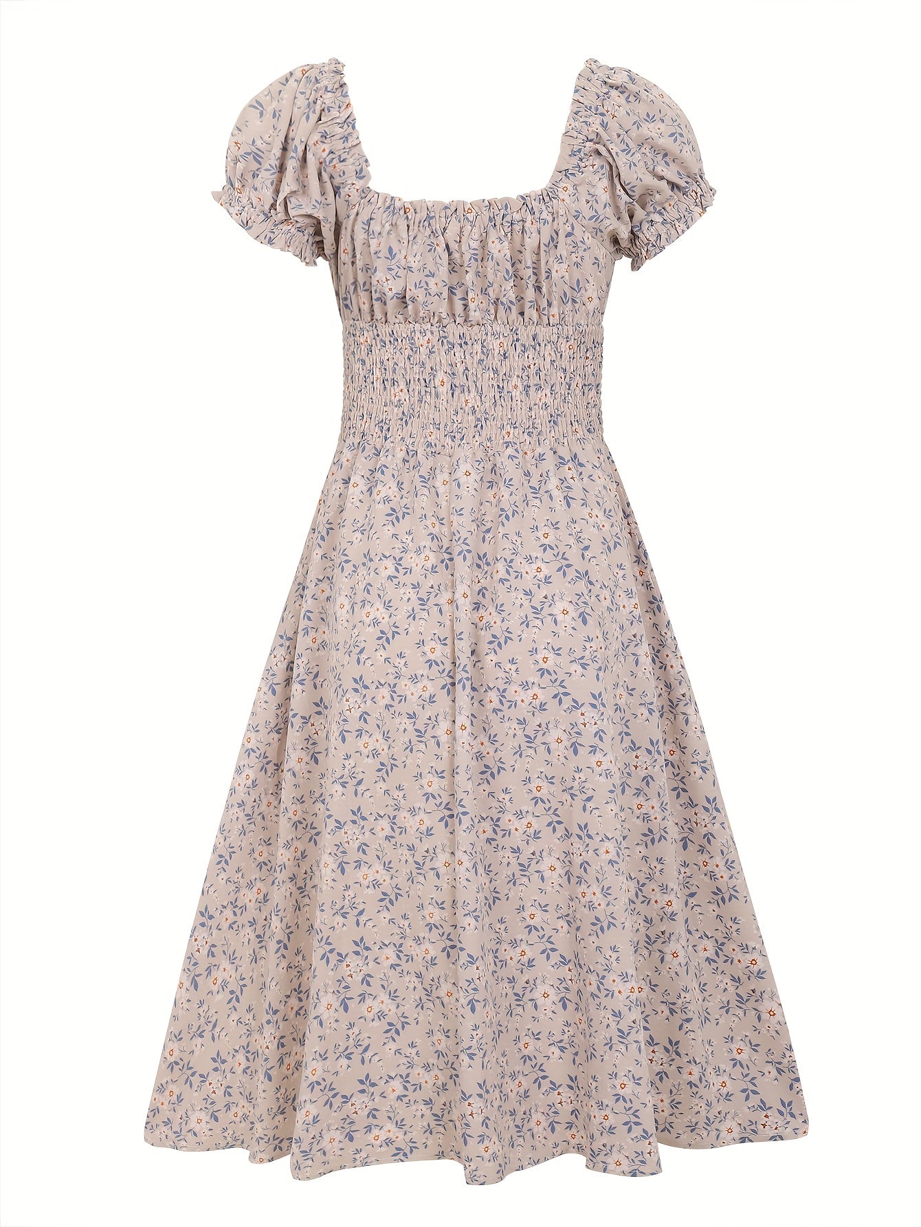 Dress with floral print and V-neckline.