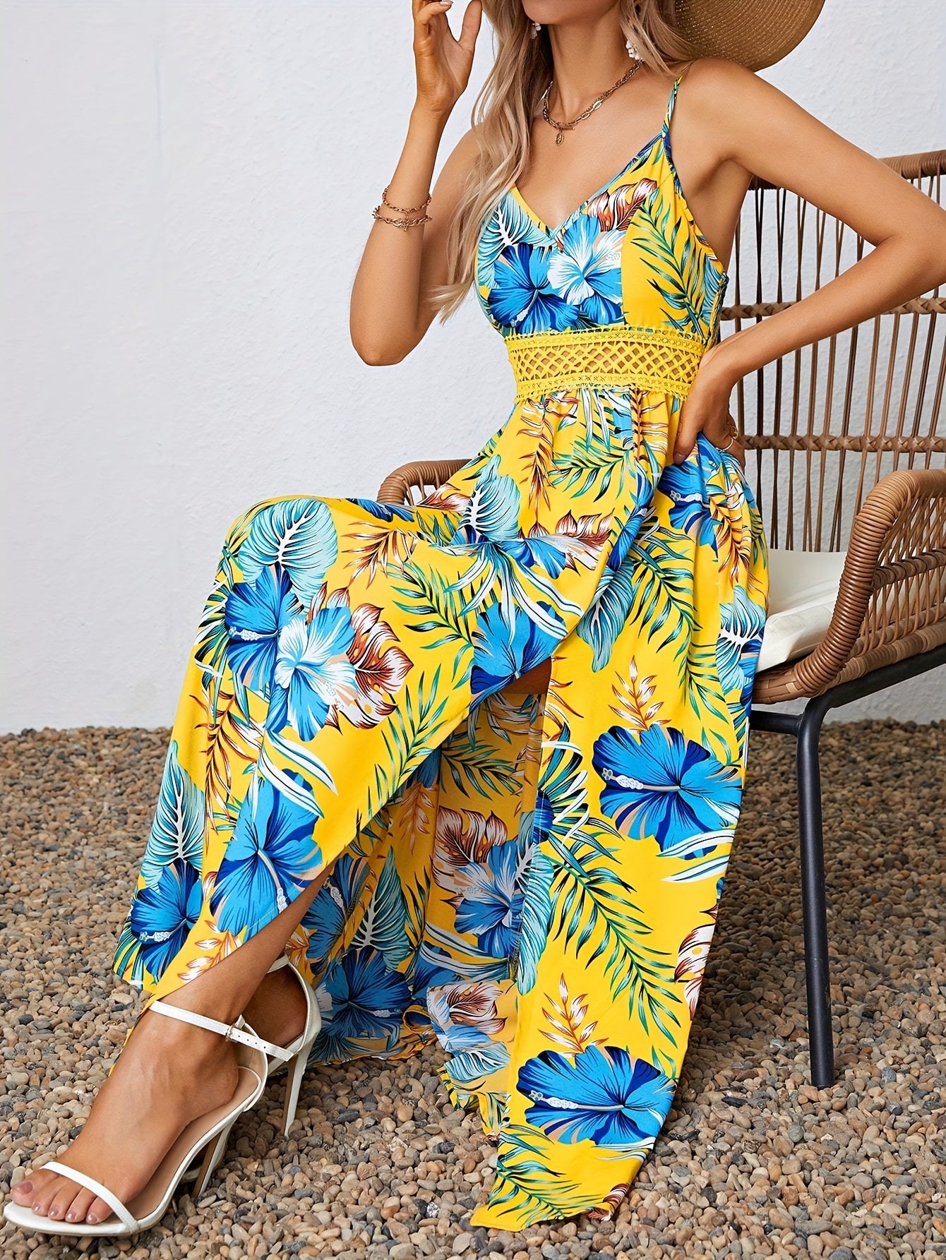 Floral Print Hollow Out Spaghetti Strap Dress