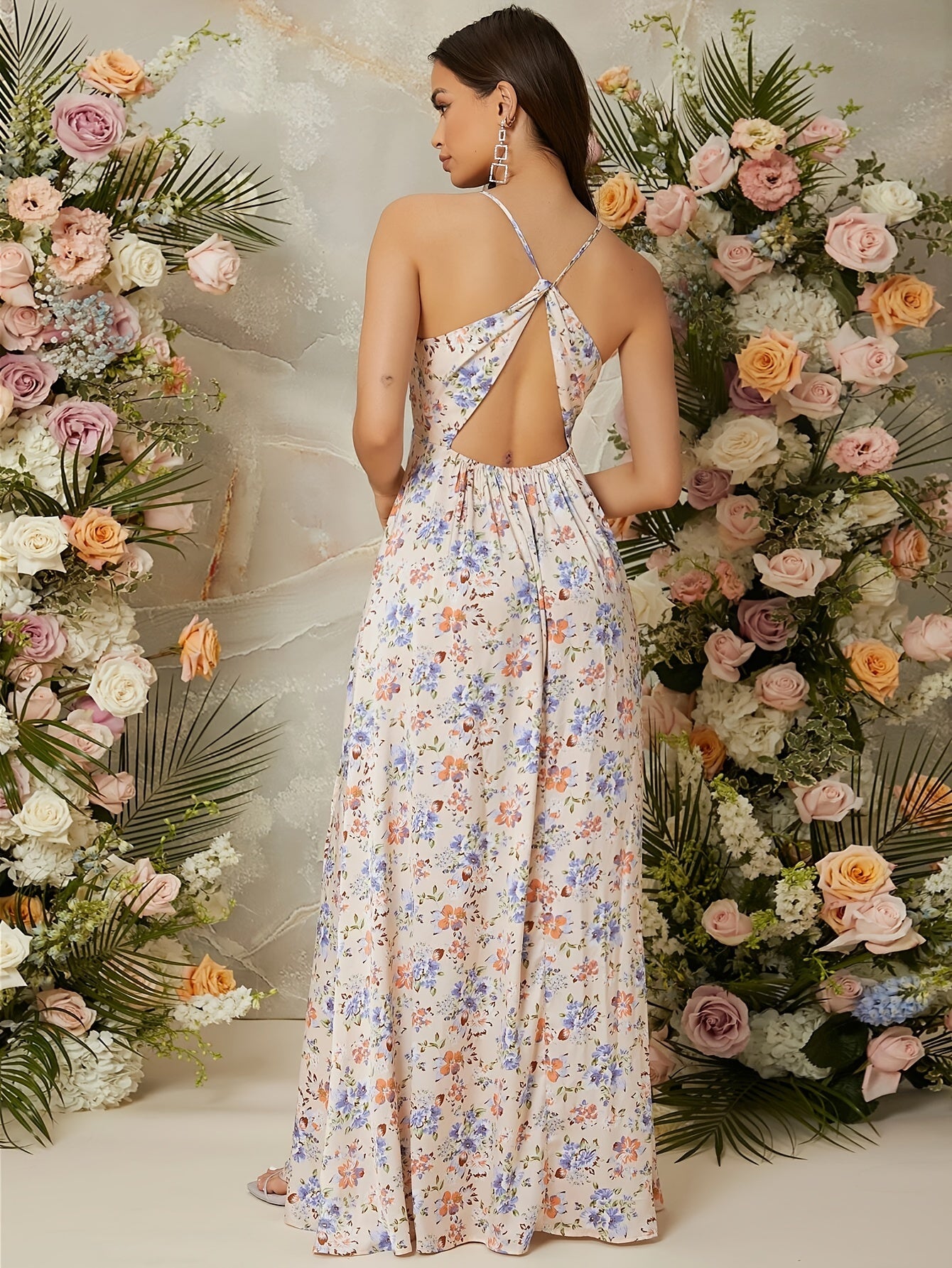 Elegant V-Neck Floral Print Split Thigh Maxi Dress