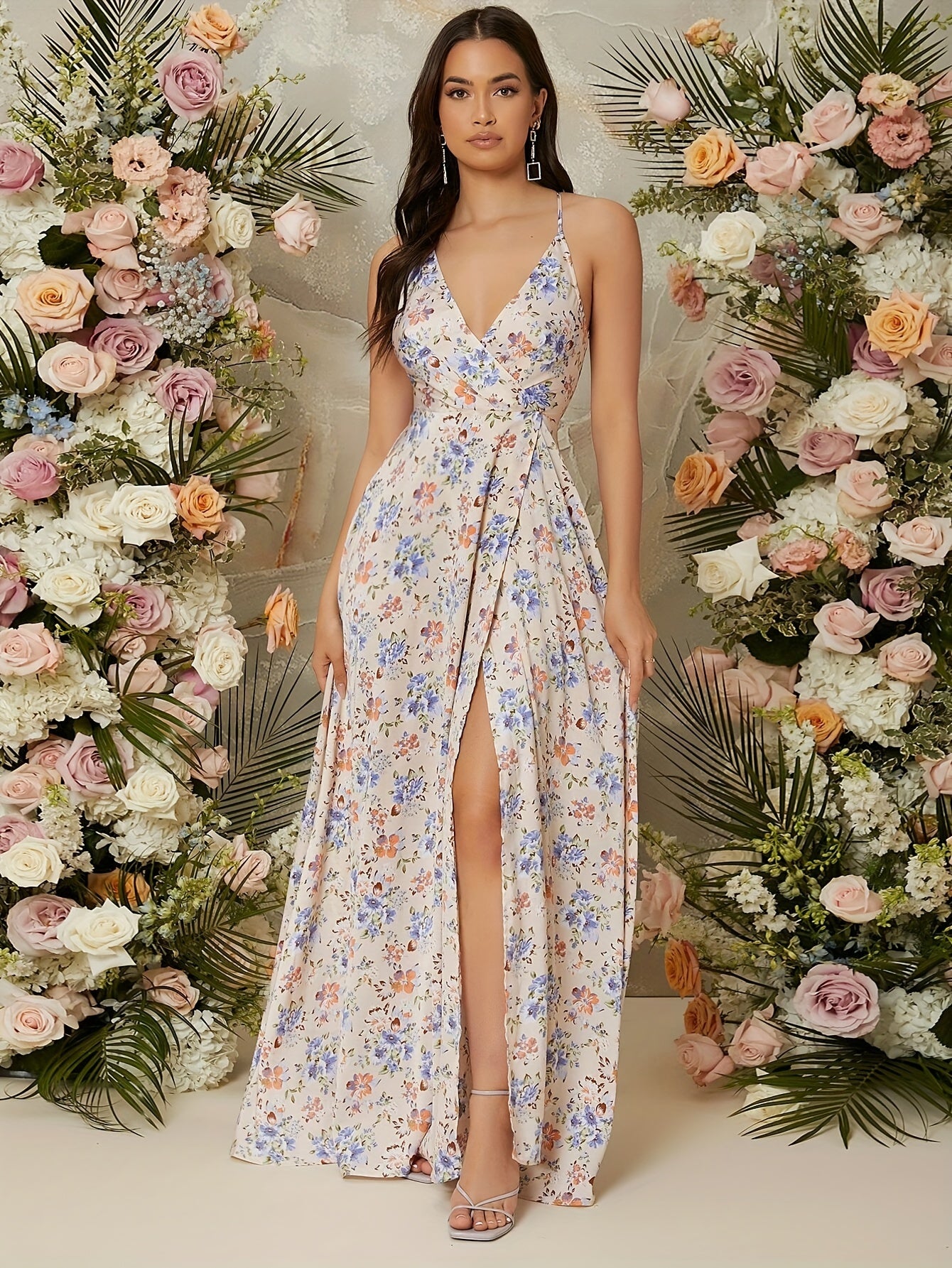 Elegant V-Neck Floral Print Split Thigh Maxi Dress