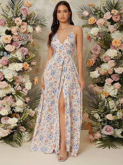 Elegant V-Neck Floral Print Split Thigh Maxi Dress