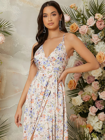 Elegant V-Neck Floral Print Split Thigh Maxi Dress