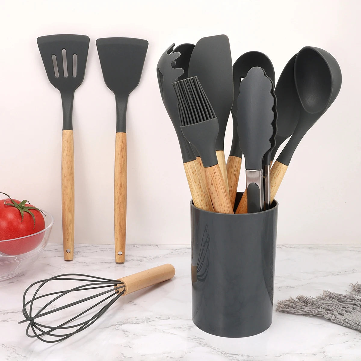 Silicone Kitchen Utensils with Non-Stick Storage Bucket