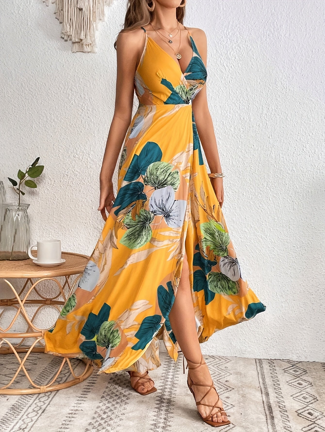 Elegant Tropical Floral Print Maxi Dress