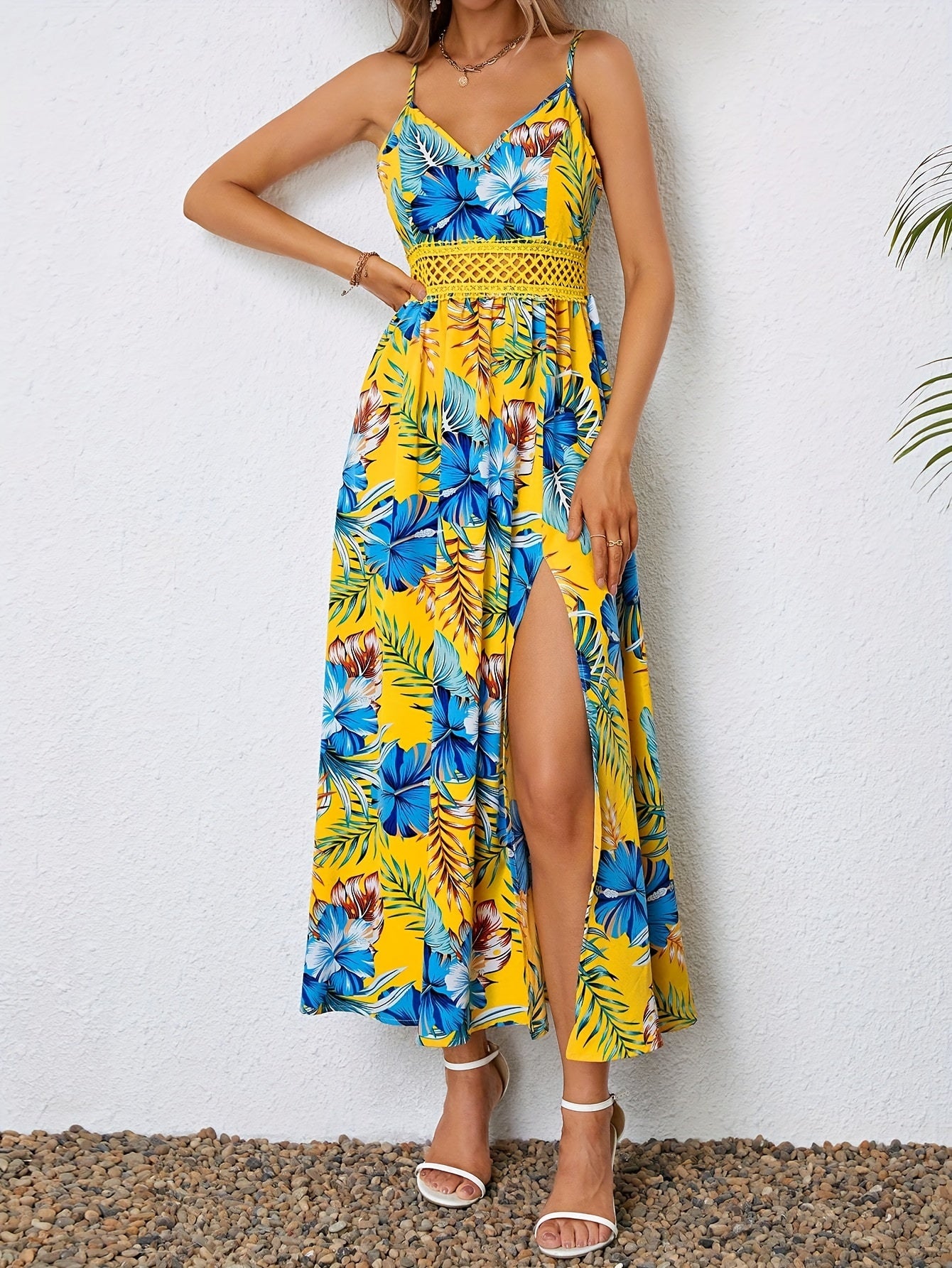 Floral Print Hollow Out Spaghetti Strap Dress